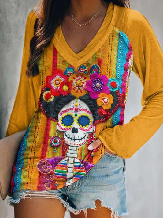 Camiseta casual de manga larga con estampado de calavera muerta para mujer