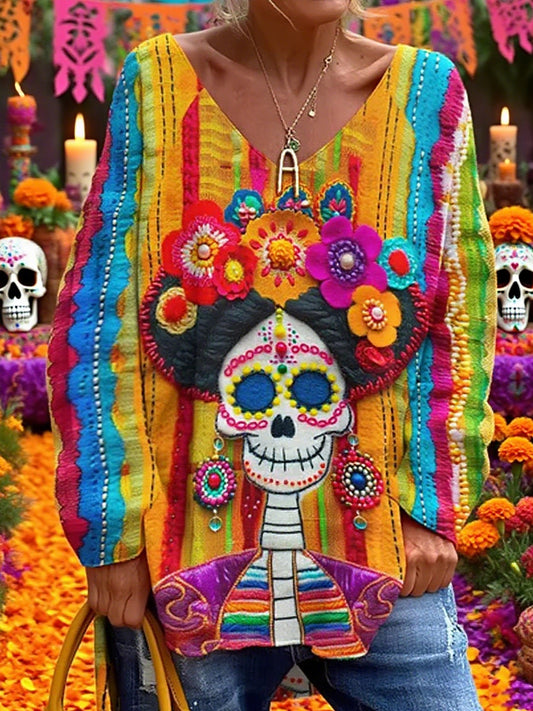 Top casual de manga larga con estampado de cráneo de día de los muertos para mujer