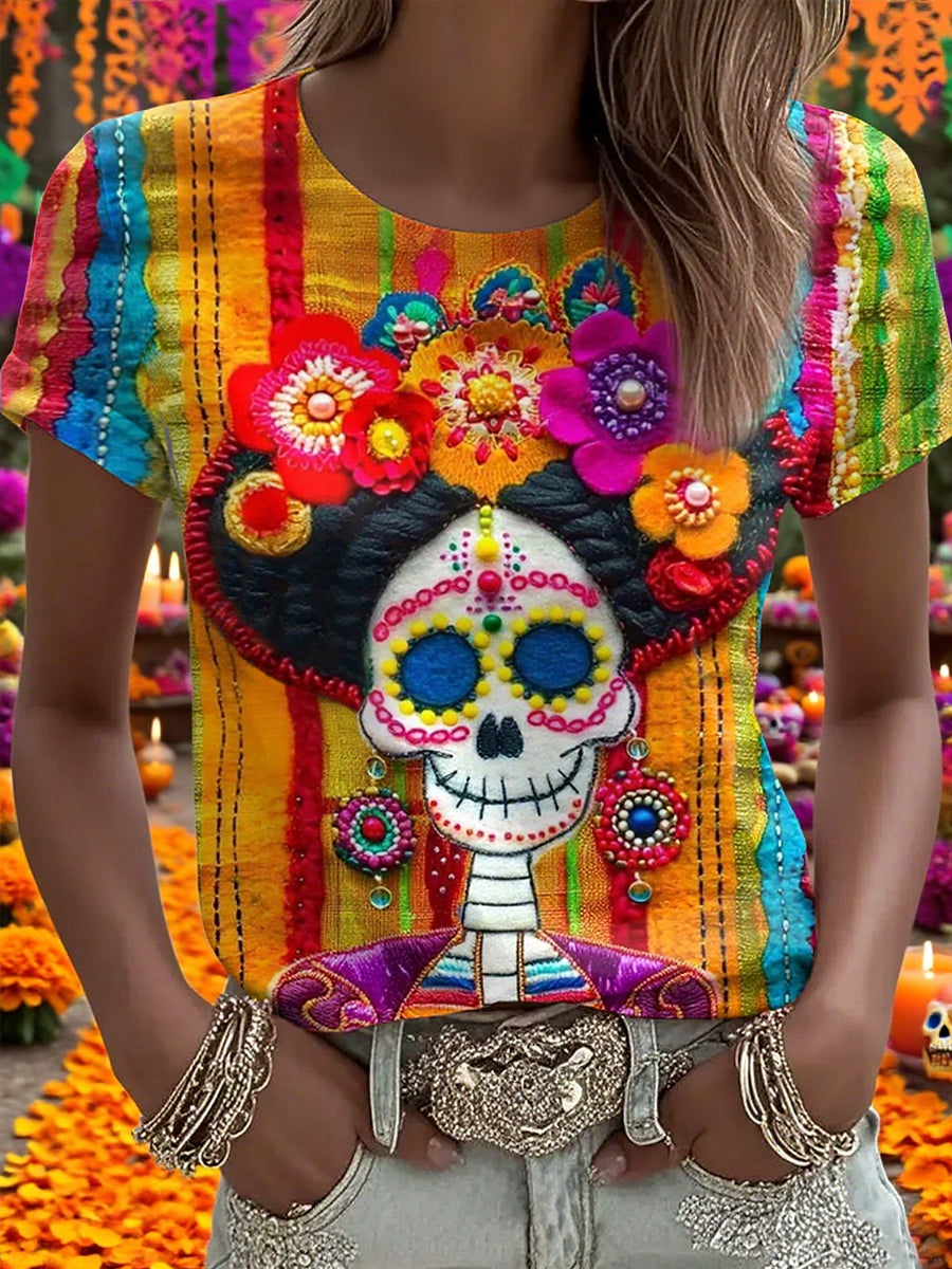 Camiseta casual con estampado de calavera muerta para mujer