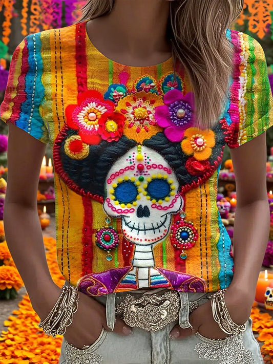 Camiseta casual con estampado de calavera muerta para mujer