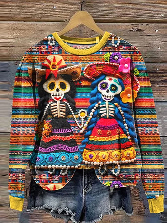 Sudadera con estampado de cráneo de día de los muertos para mujer