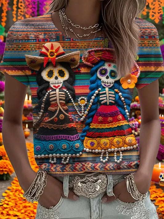 Camiseta casual con estampado de calavera muerta para mujer