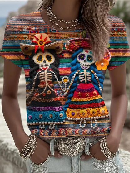 Camiseta casual con estampado de calavera muerta para mujer