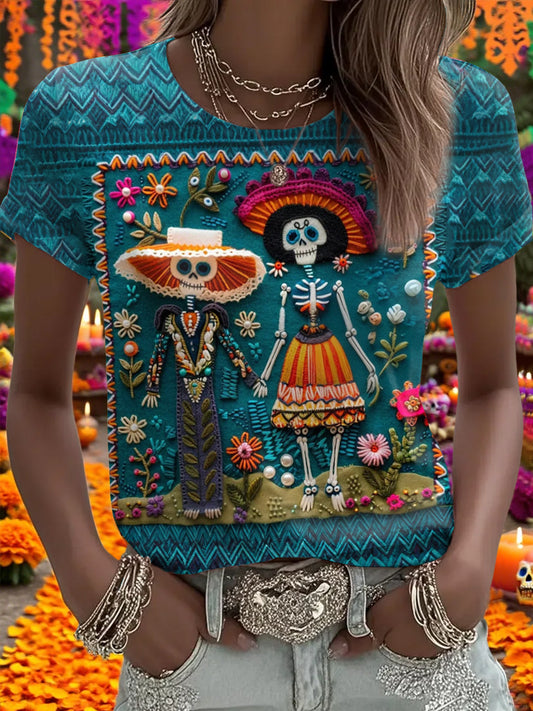 Camiseta casual con estampado de calavera muerta para mujer
