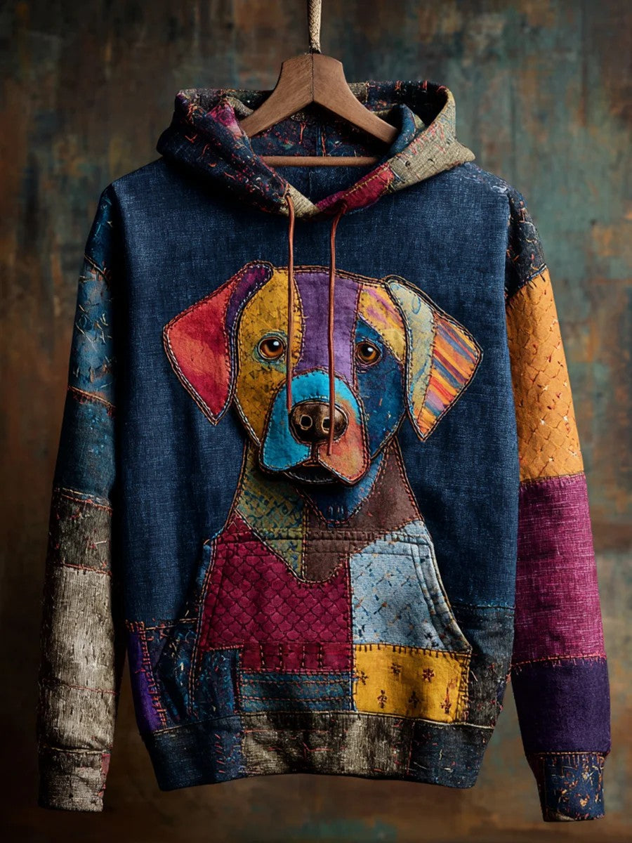 Vintage Patchwork perro impresión arte Casual Hoodie