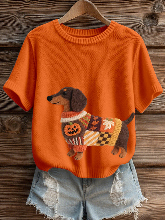 Top de punto acogedor de arte fieltro Dachshund inspirado en Halloween para mujer