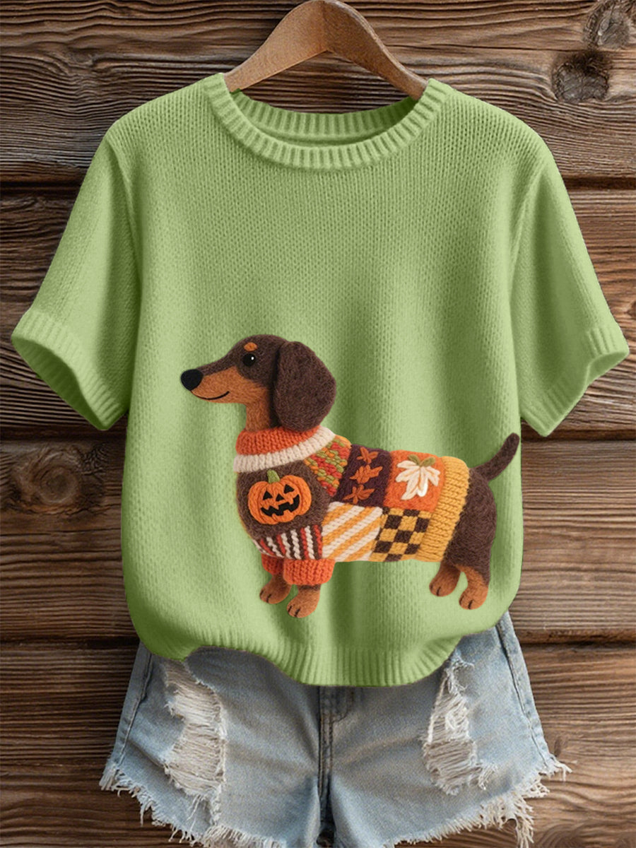 Top de punto acogedor de arte fieltro Dachshund inspirado en Halloween para mujer