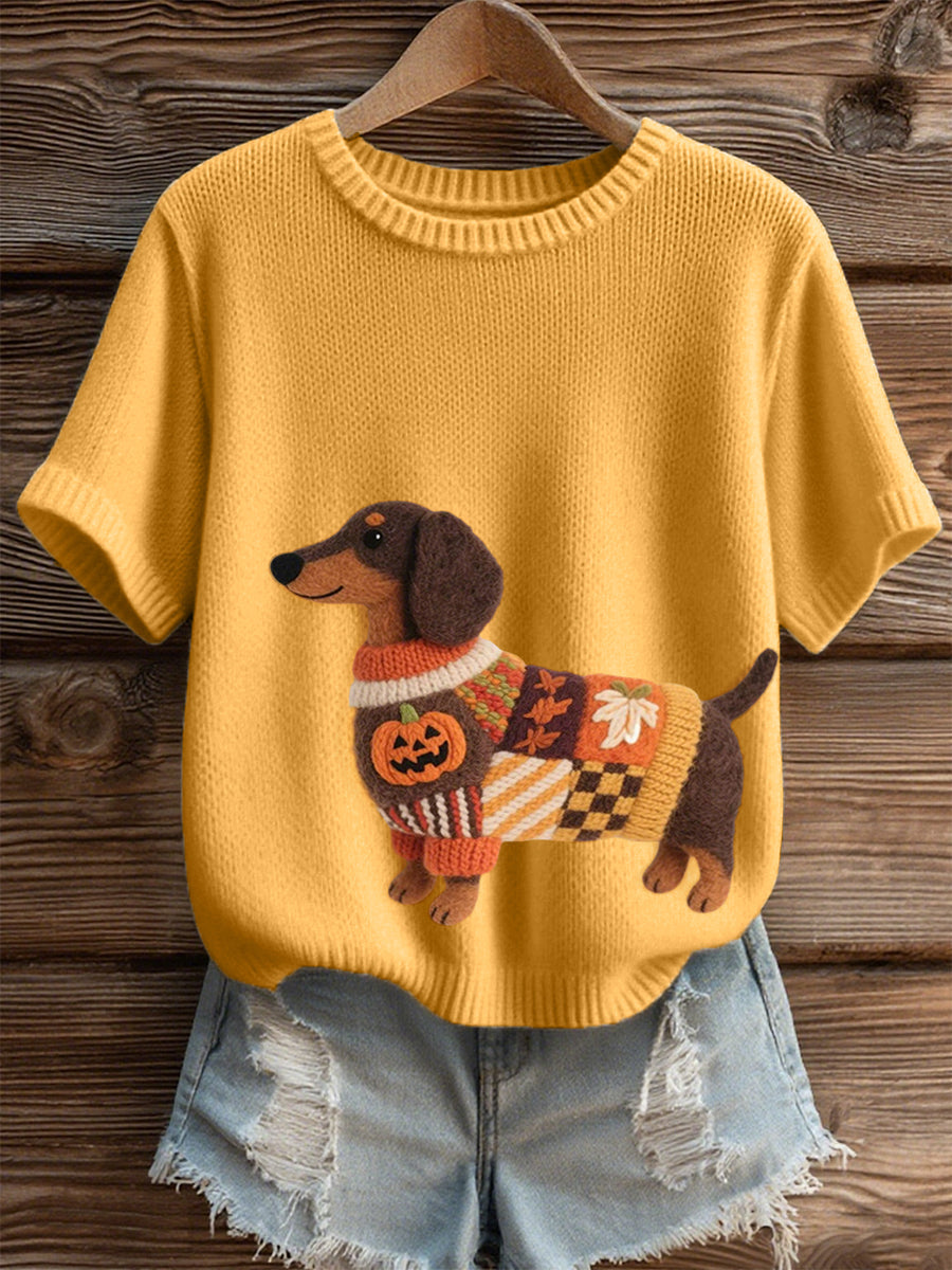 Top de punto acogedor de arte fieltro Dachshund inspirado en Halloween para mujer