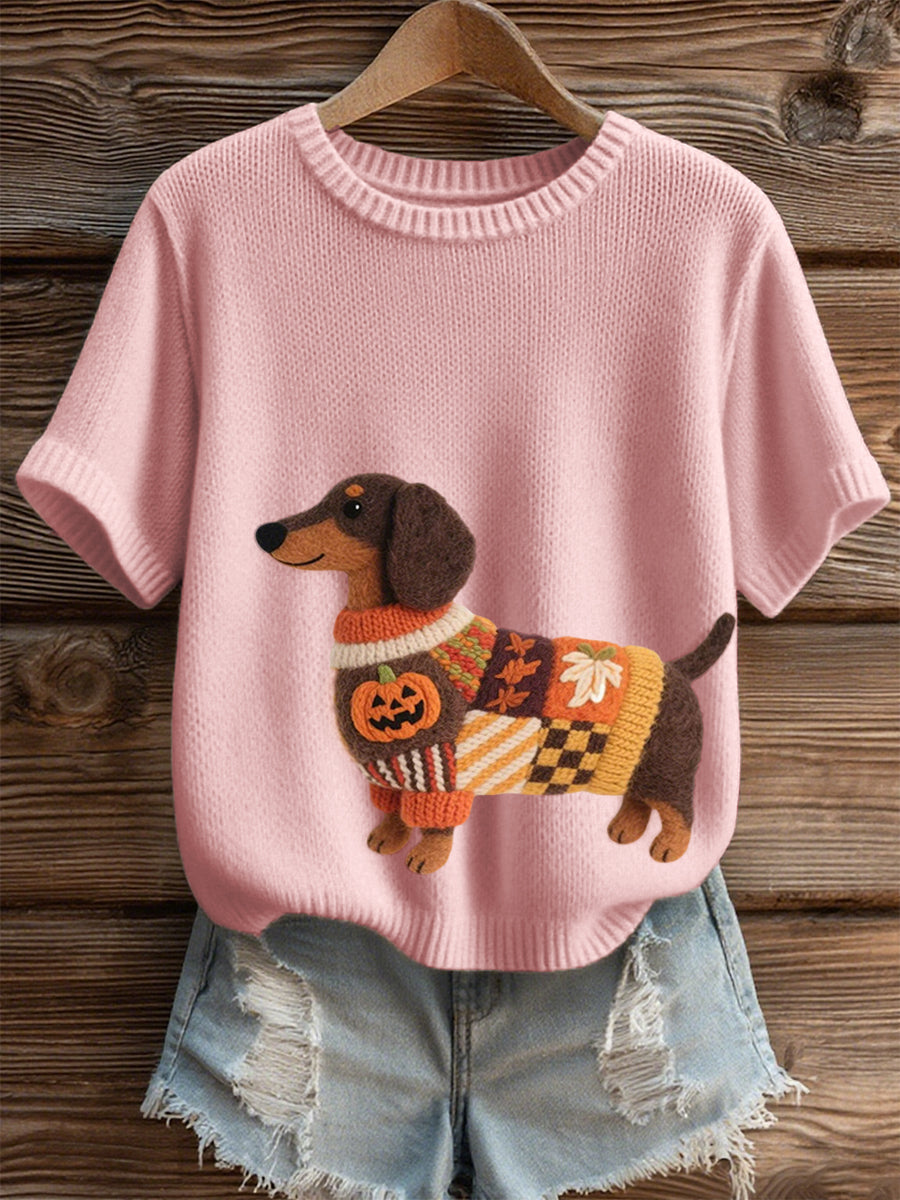 Top de punto acogedor de arte fieltro Dachshund inspirado en Halloween para mujer
