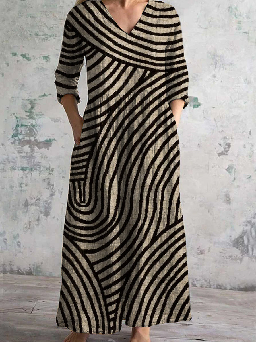 Vintage Art Print Chic V cuello manga tres cuartos elegante vestido de Midi