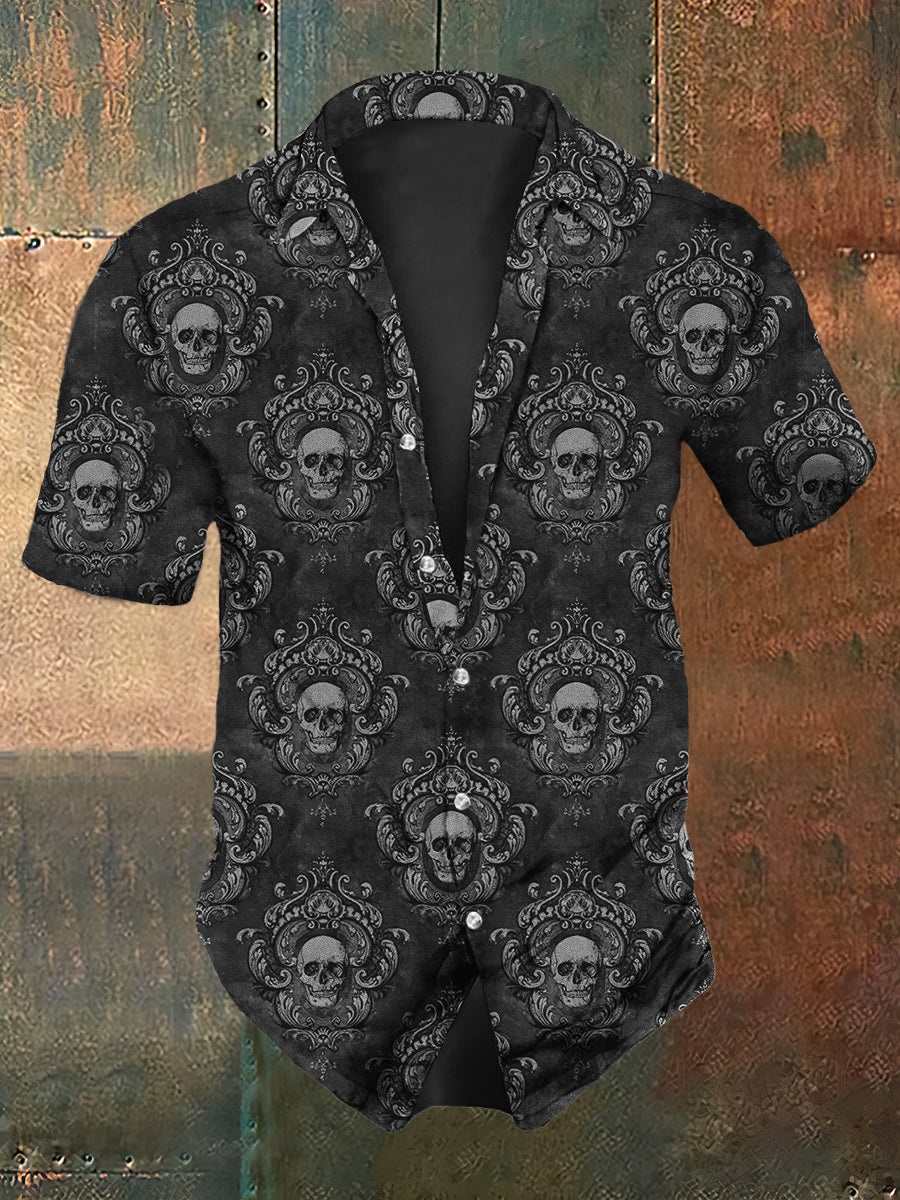Camisa vintage casual con estampado de cráneo de estilo oscuro retro para hombres