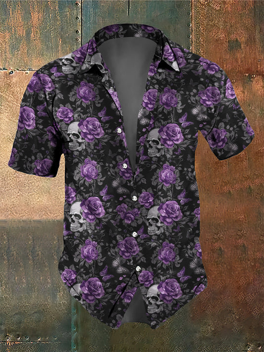 Camisa con estampado de mariposa Rose del cráneo del estilo oscuro retro de los hombres