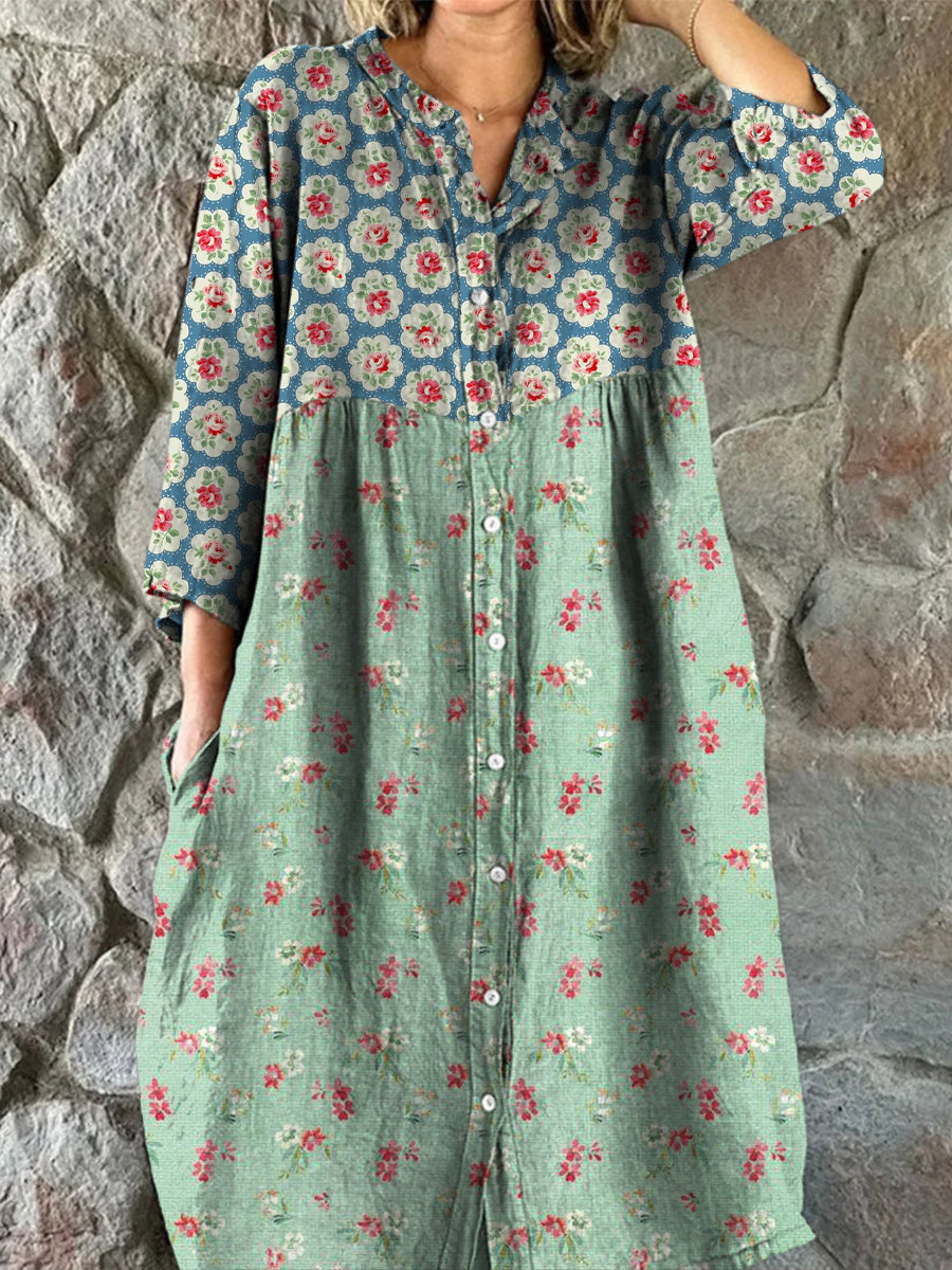 Retro Floral Art Print Vintage Chic con cuello en V botón de manga larga vestido de Midi