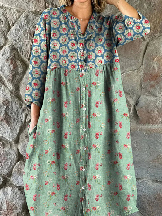 Retro Floral Art Print Vintage Chic con cuello en V botón de manga larga vestido de Midi