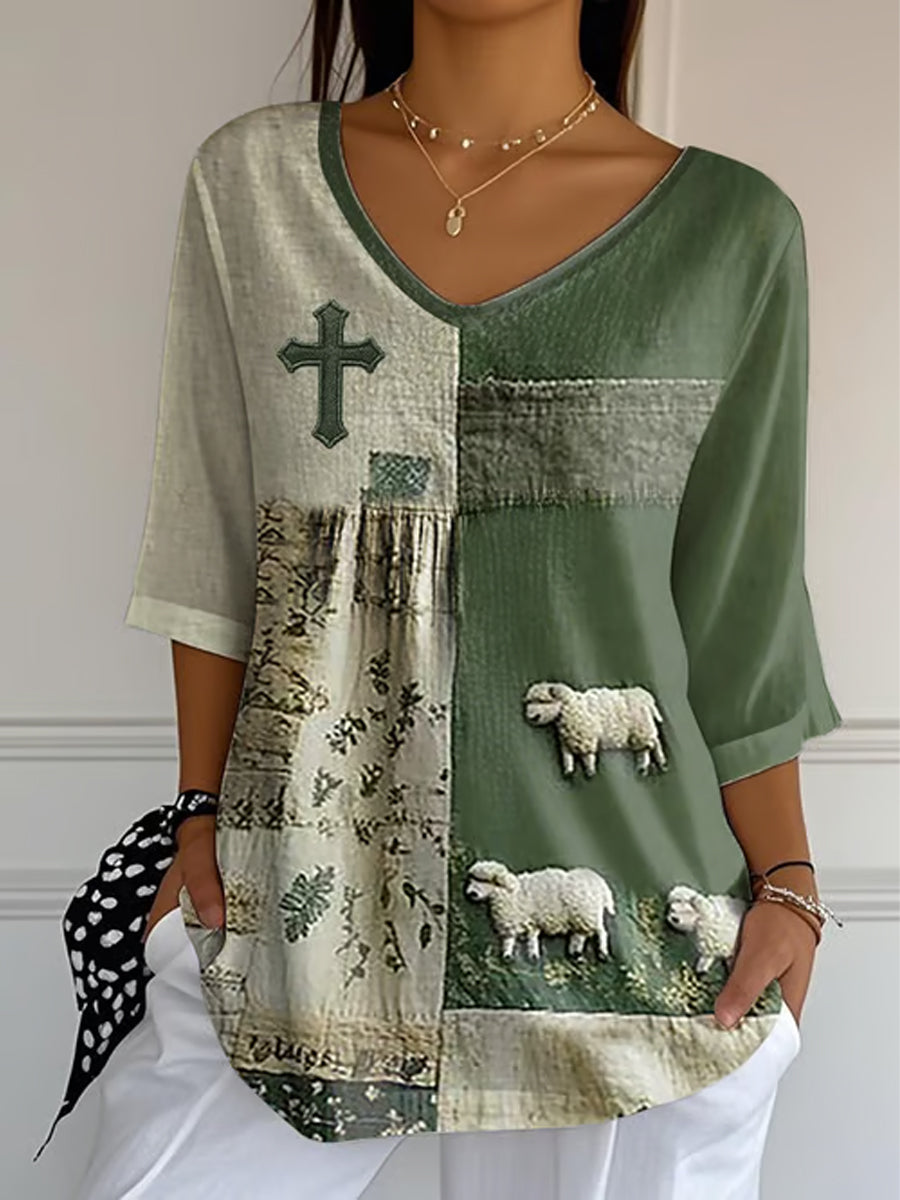 Camiseta de mujer Faith Cross Cute Lamb Print Casual