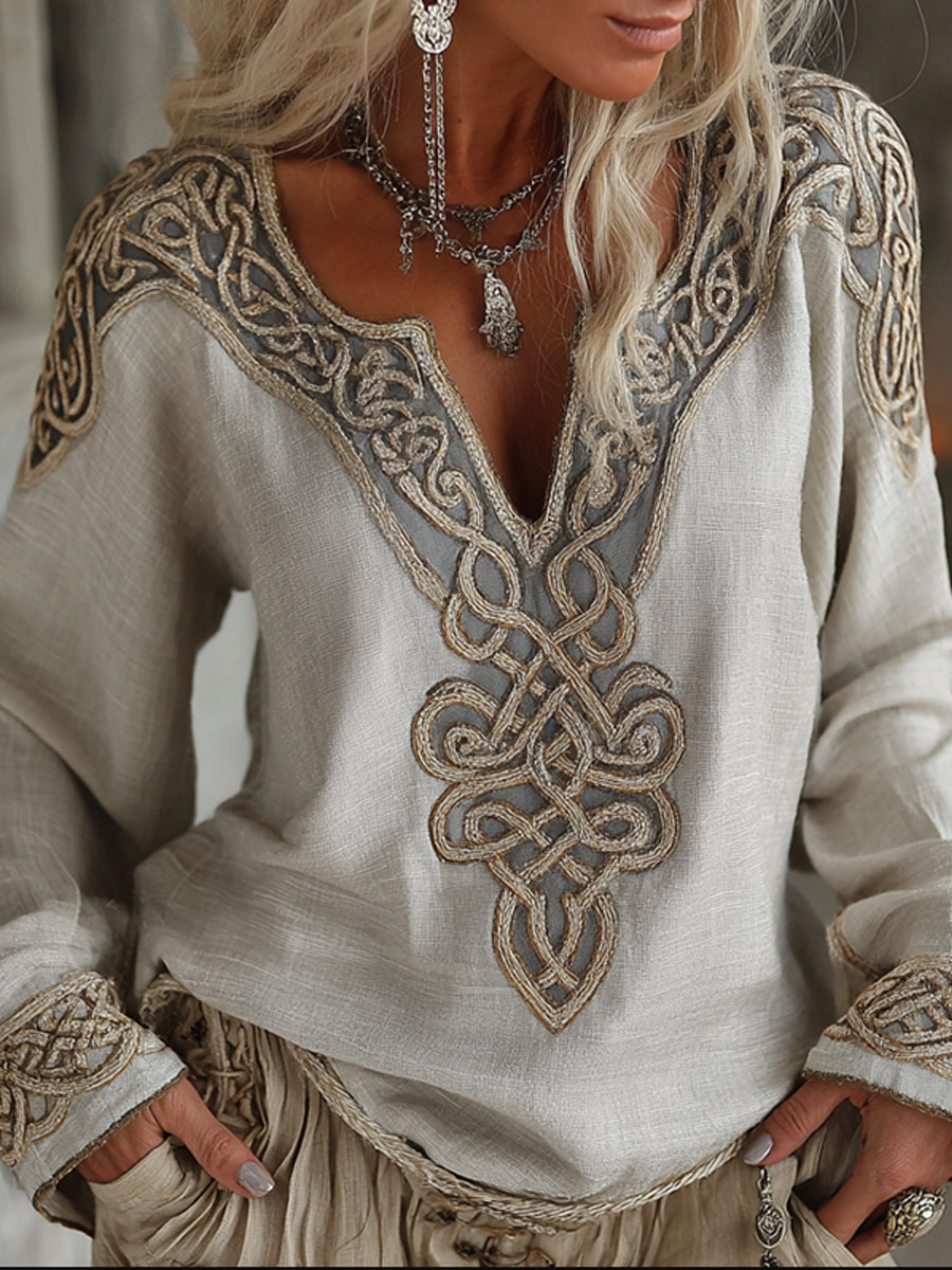Camisa de lino Vintage Viking Celtic Knot bordado Art Cozy para mujer