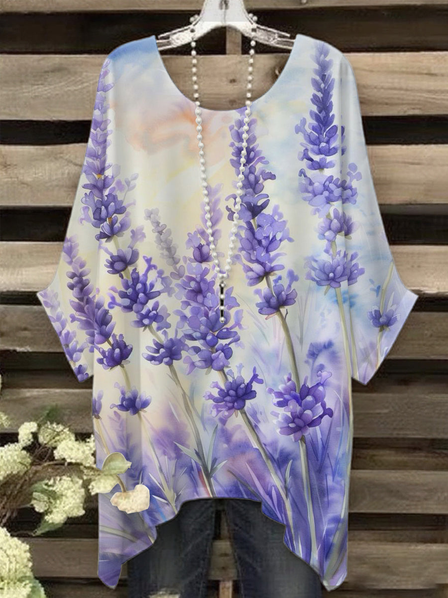 Camiseta púrpura de la impresión del arte de la flora de las mujeres