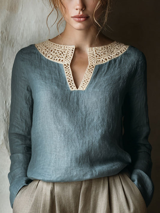 Camisa de lino de patchwork de encaje vintage para mujer