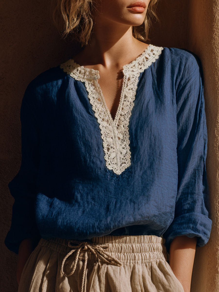 Camisa de mezcla de lino de encaje vintage para mujer
