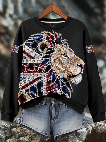 Sudadera con estampado de perforación en caliente de diamantes de imitación británica para mujer