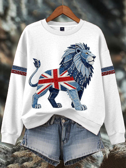 Sudadera estampada con estampado de diamantes de imitación de mezclilla de estilo británico para mujer