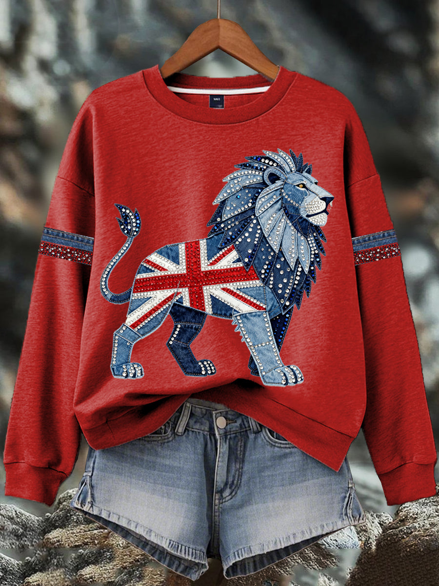 Sudadera estampada con estampado de diamantes de imitación de mezclilla de estilo británico para mujer