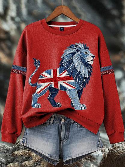 Sudadera estampada con estampado de diamantes de imitación de mezclilla de estilo británico para mujer