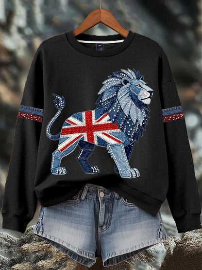 Sudadera estampada con estampado de diamantes de imitación de mezclilla de estilo británico para mujer