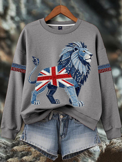 Sudadera estampada con estampado de diamantes de imitación de mezclilla de estilo británico para mujer