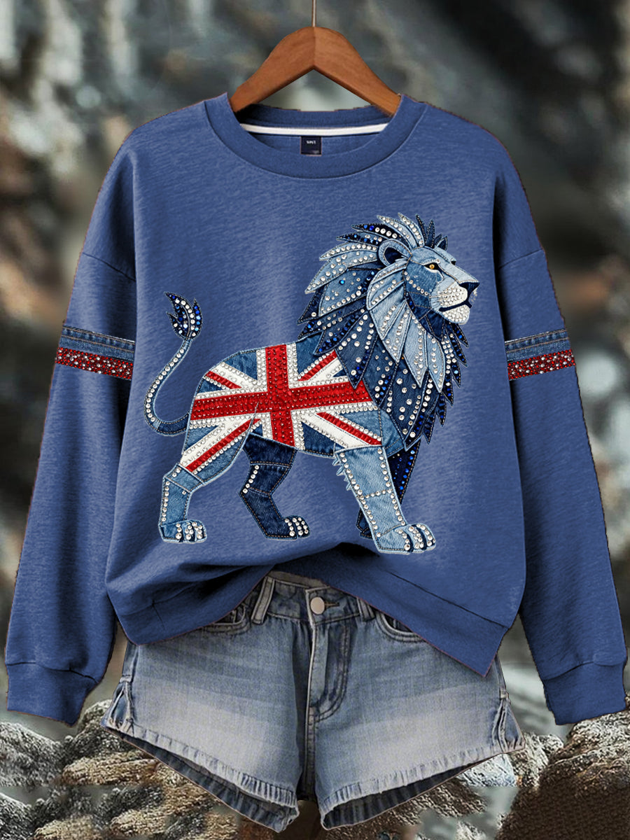 Sudadera estampada con estampado de diamantes de imitación de mezclilla de estilo británico para mujer