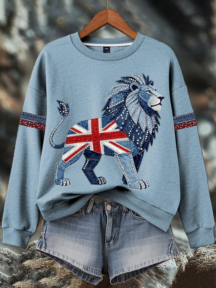 Sudadera estampada con estampado de diamantes de imitación de mezclilla de estilo británico para mujer