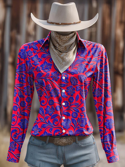 Camisa estampada gráfica occidental retro para mujer