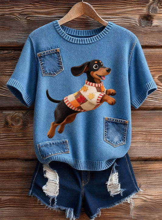 Mujer Artístico Estampado Animal Cómodo Punto Manga Corta Top