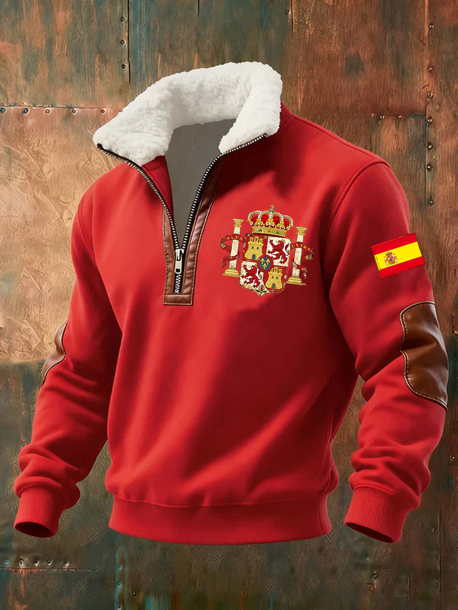 Sudadera con cremallera media casual de moda retro para hombres con cuello de piel