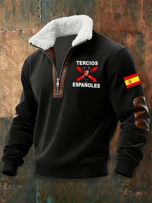 Sudadera con cremallera media casual de moda retro para hombres con cuello de piel