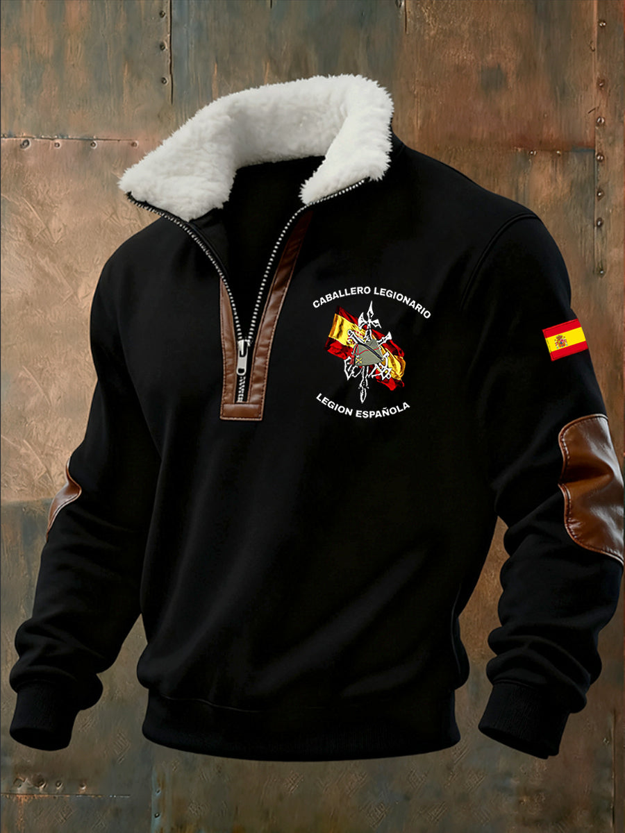 Sudadera con cremallera media casual de moda retro para hombres con cuello de piel