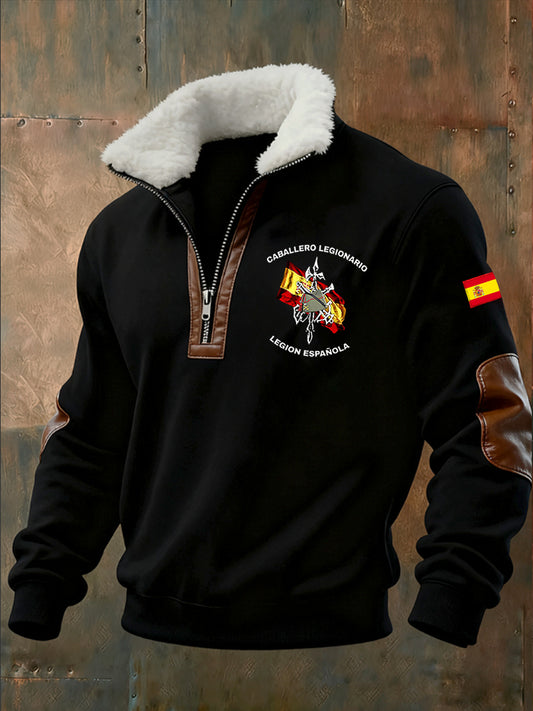 Sudadera con cremallera media casual de moda retro para hombres con cuello de piel