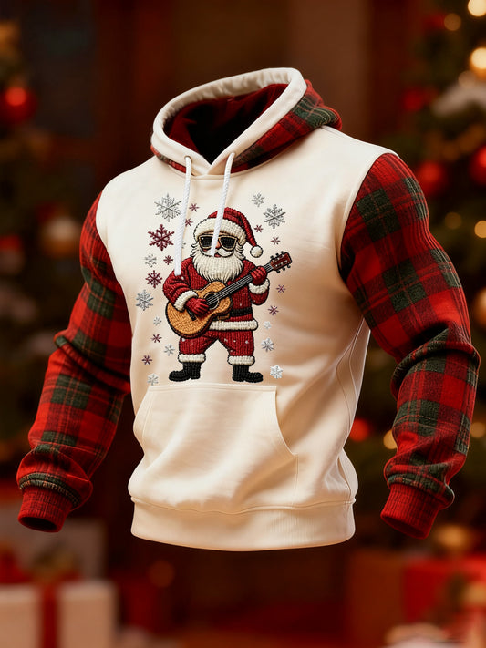 Hombres Vintage Santa Claus Play Guitar Navidad Rojo Plaid Print Casual Hoodie