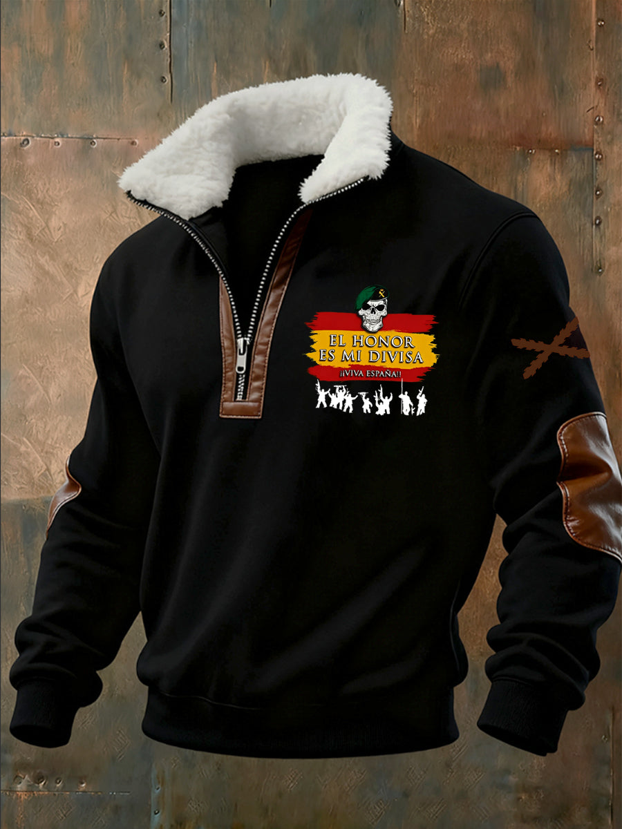 Sudadera con cremallera media casual de moda retro para hombres con cuello de piel