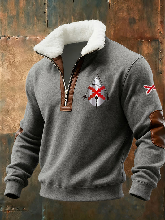 Sudadera con cremallera media casual de moda retro para hombres con cuello de piel