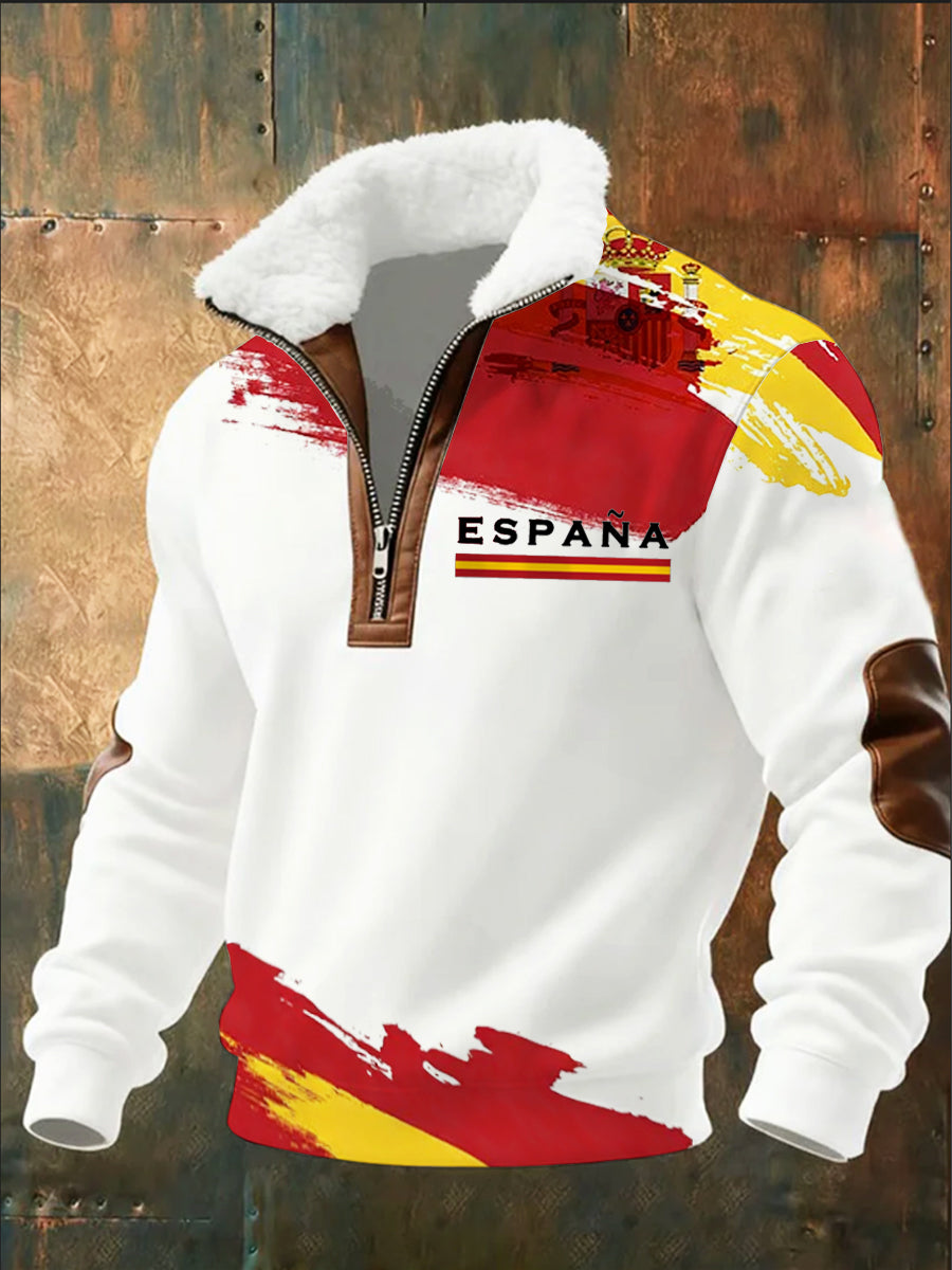 Sudadera con cremallera media casual de moda retro para hombres con cuello de piel