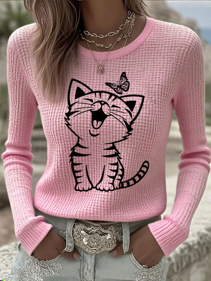 Mujeres lindo gato impresión gato amantes casual manga larga waffle top