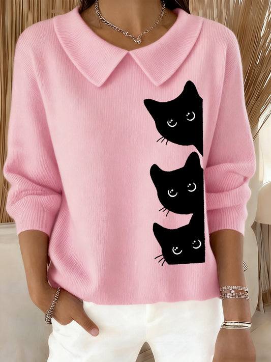 Mujeres Funny Cat Print Cat Lovers Casual Baby Doll Collar Top