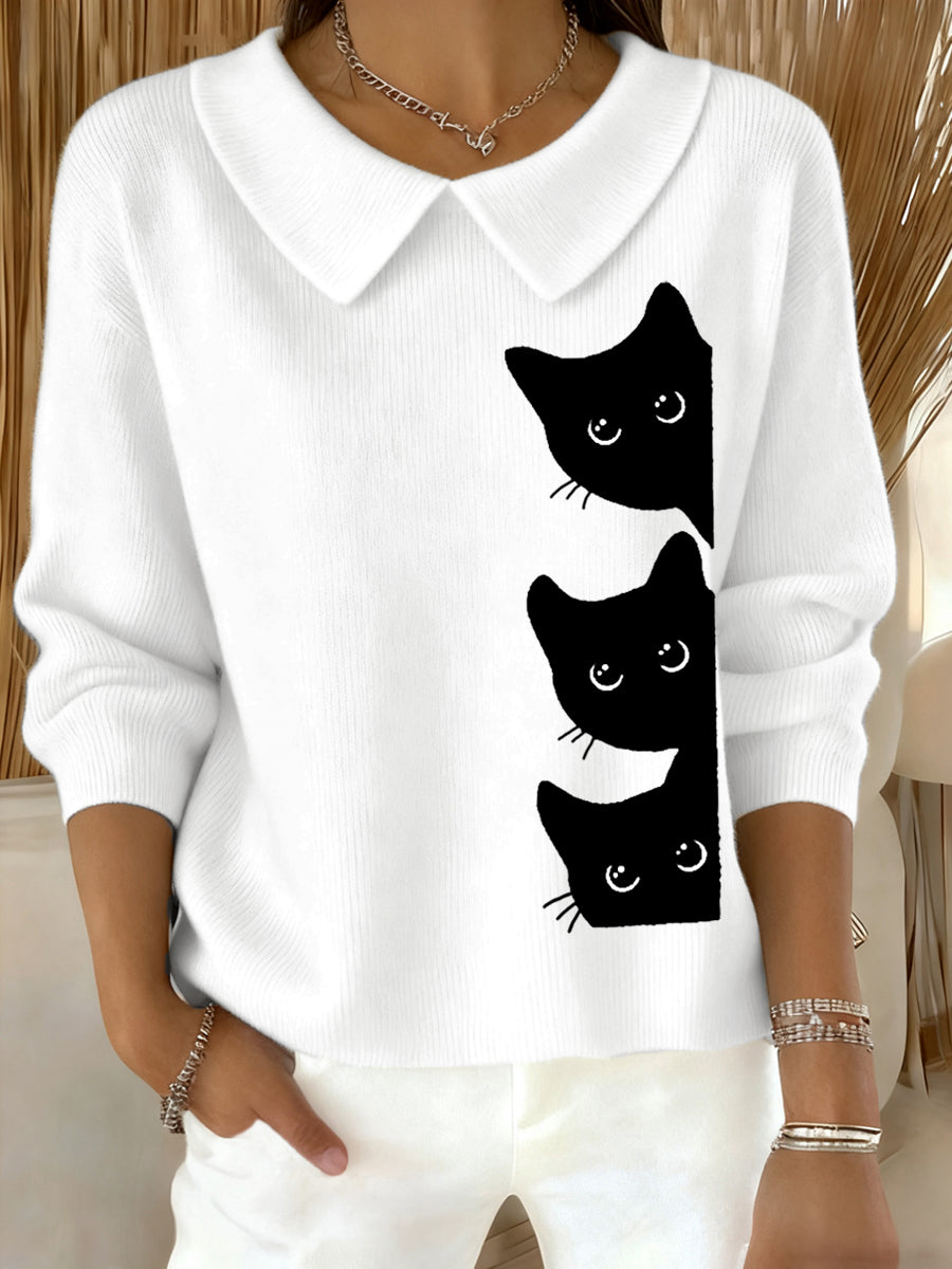 Mujeres Funny Cat Print Cat Lovers Casual Baby Doll Collar Top