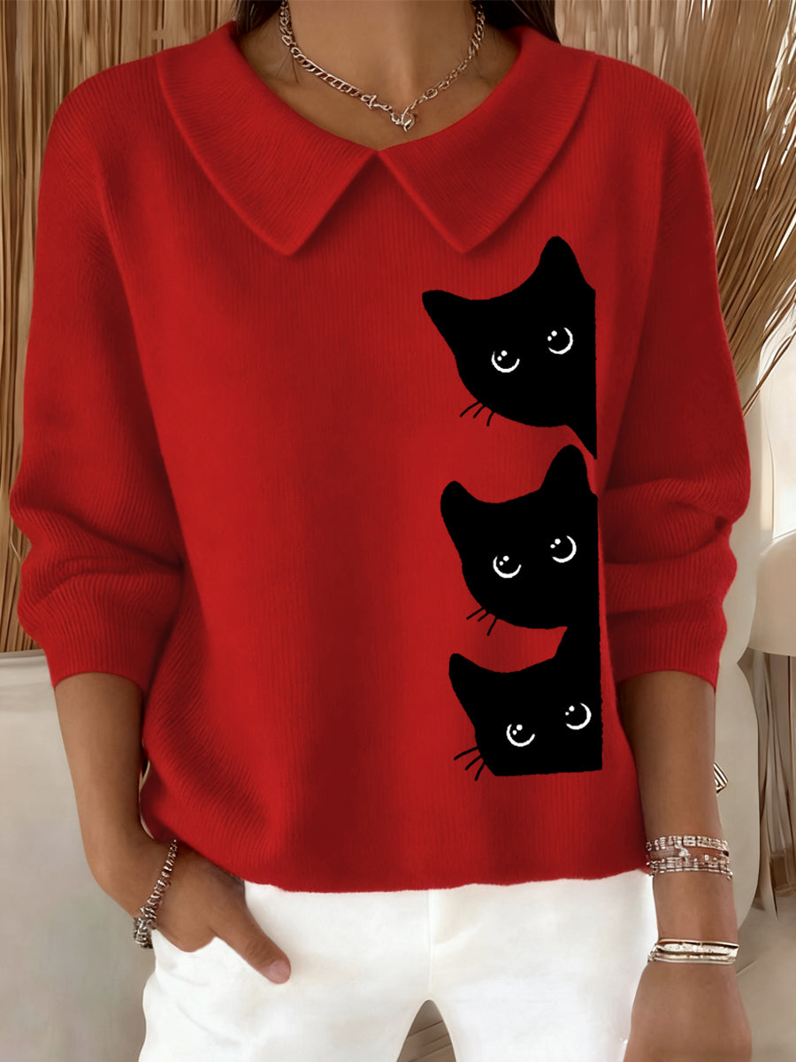 Mujeres Funny Cat Print Cat Lovers Casual Baby Doll Collar Top