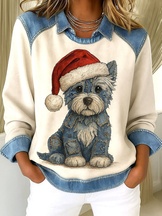 Sudadera casual de patchwork de impresión de arte de perro de Navidad para mujer