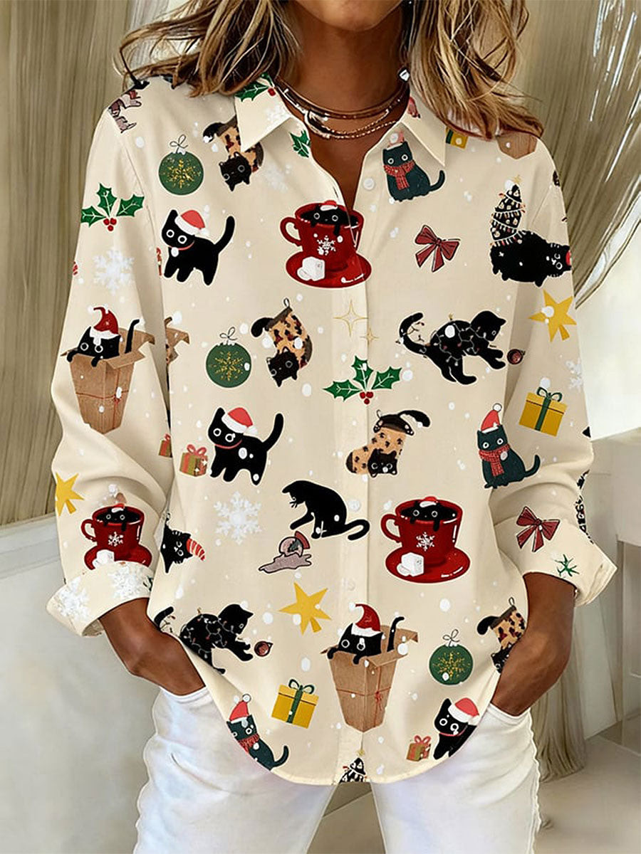 Camisas con estampado de gatos navideños de mujer