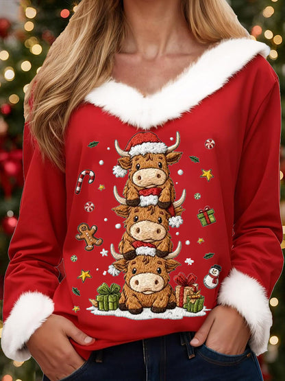 Mujer Navidad Bonitos Estampado Vaca Casual Cuello Piel Top