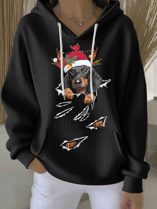 Sudadera con capucha casual con estampado de perro de Navidad para mujer