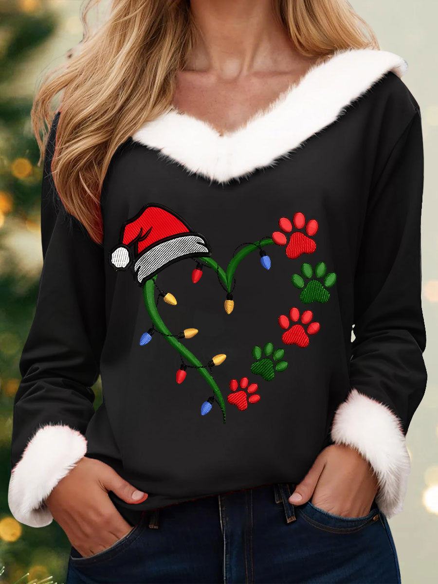 Tops con cuello en V y estampado animal de Navidad para mujer